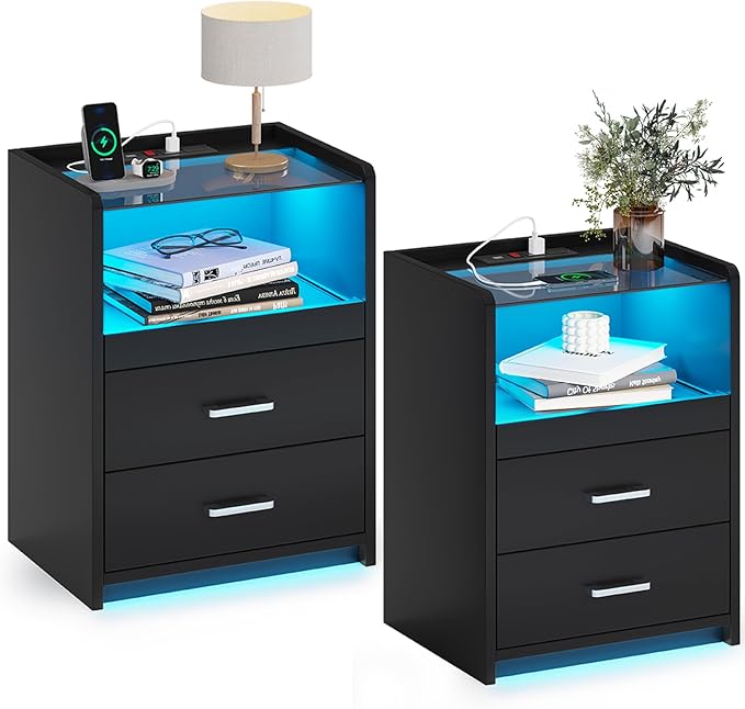 Nightstand with Charging Station, Night Stand with Pull-Out Tray, 2 Drawers, Bedside