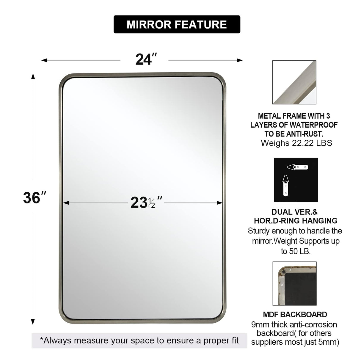 ANDY STAR Brushed Nickel Bathroom Mirror, 24x36’’ Rounded Rectangle Mirror Modern Silver Vanity Mirror SUS304 Metal Tube Frame(Rustproof) 1’’ Deep Wall Mounted Vertically/Horizontally