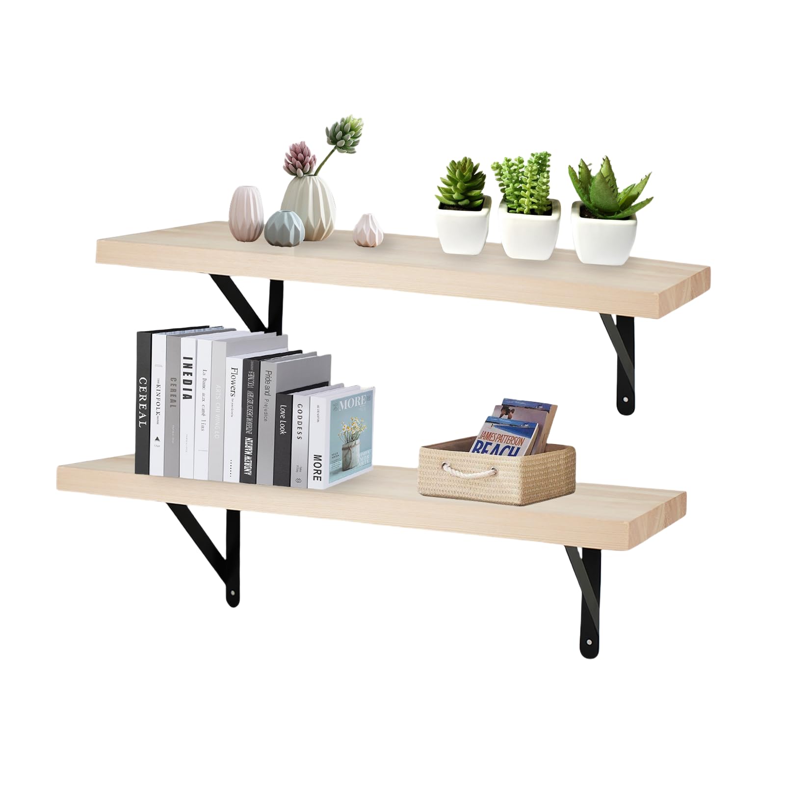 2Sets 24Inch Floating Shelves for Wall-Natural Wood Floating Shelves for Books Living