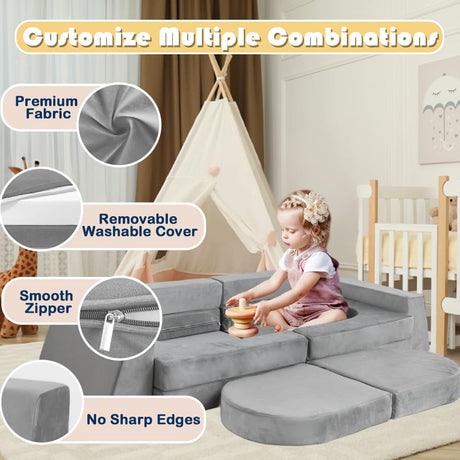 Modular Kids Play Couch Convertible Building Fort Sofa and Cushion 10Pcs Child DIY Floor Sofa for Sleeping Playroom Bedroom for Boys and Girls (Light Gray)