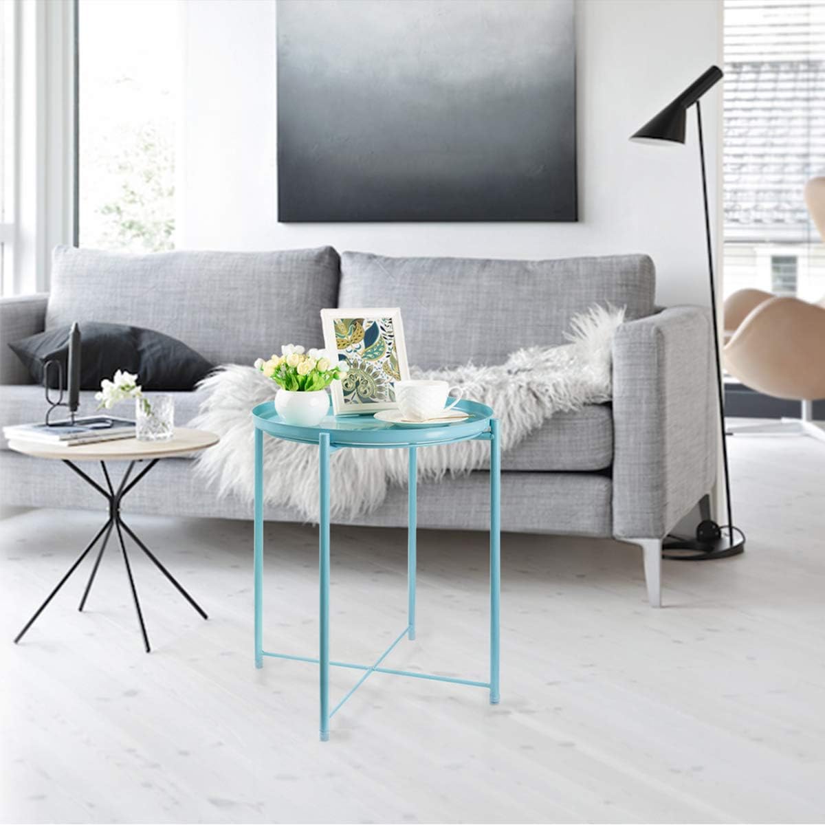Tray End Table, Round Metal Tray Table Side Sofa Table Anti-Rust and Waterproof
