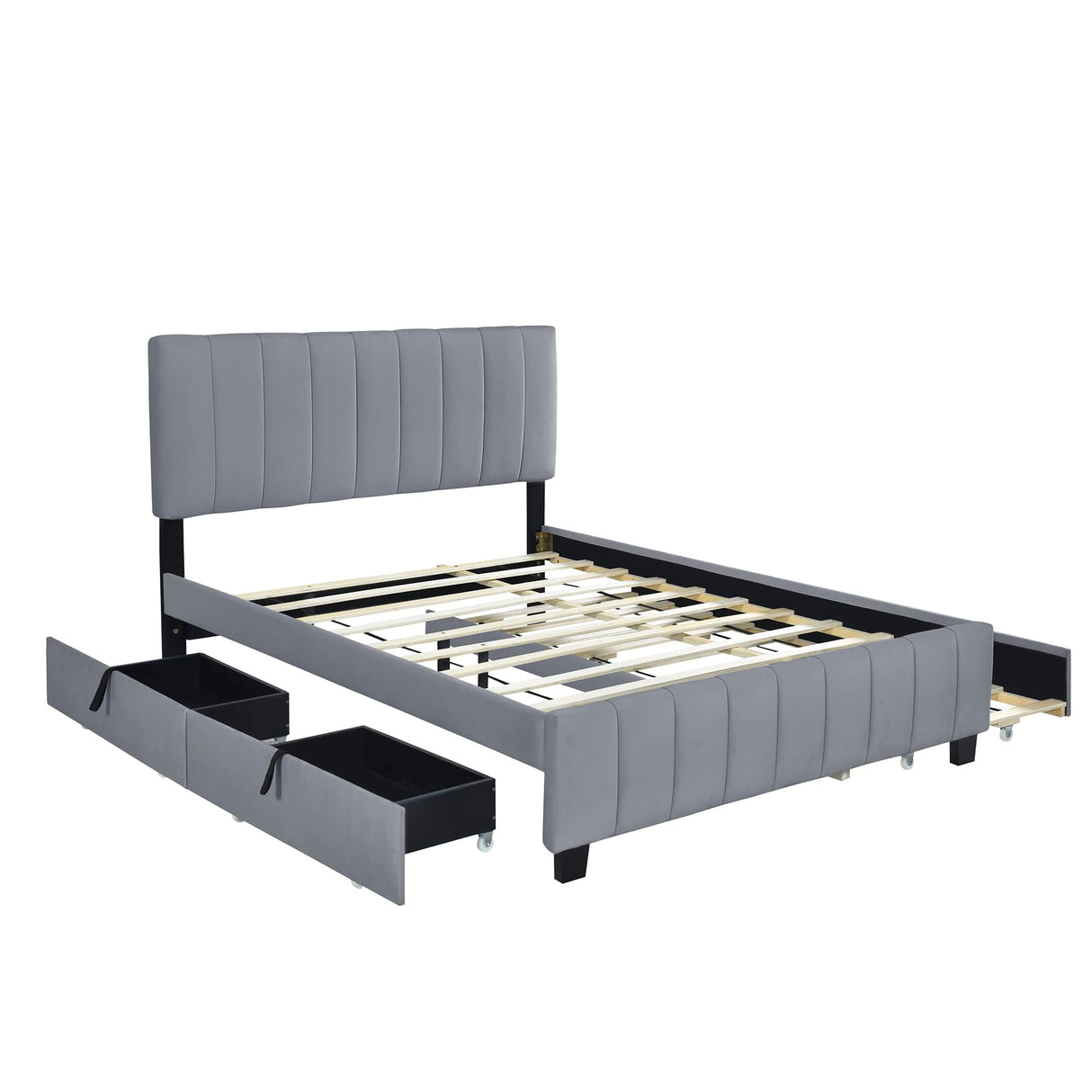 Wood Bed Frame, Queen Size Velvet Upholstered Platform Bed with 2 Drawers