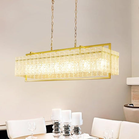 Modern Rectangular Crystal Chandelier, 4-Light Black Linear Farmhouse Lighting, 34”