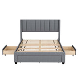 Upholstered Platform Bed with a Large Drawer in Footboard and 2 Drawer on Side,
