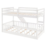 Toddler Floor Bed with Fence, Low Bunk Bed Twin Over Twin for Boys Girls, Wood Bed