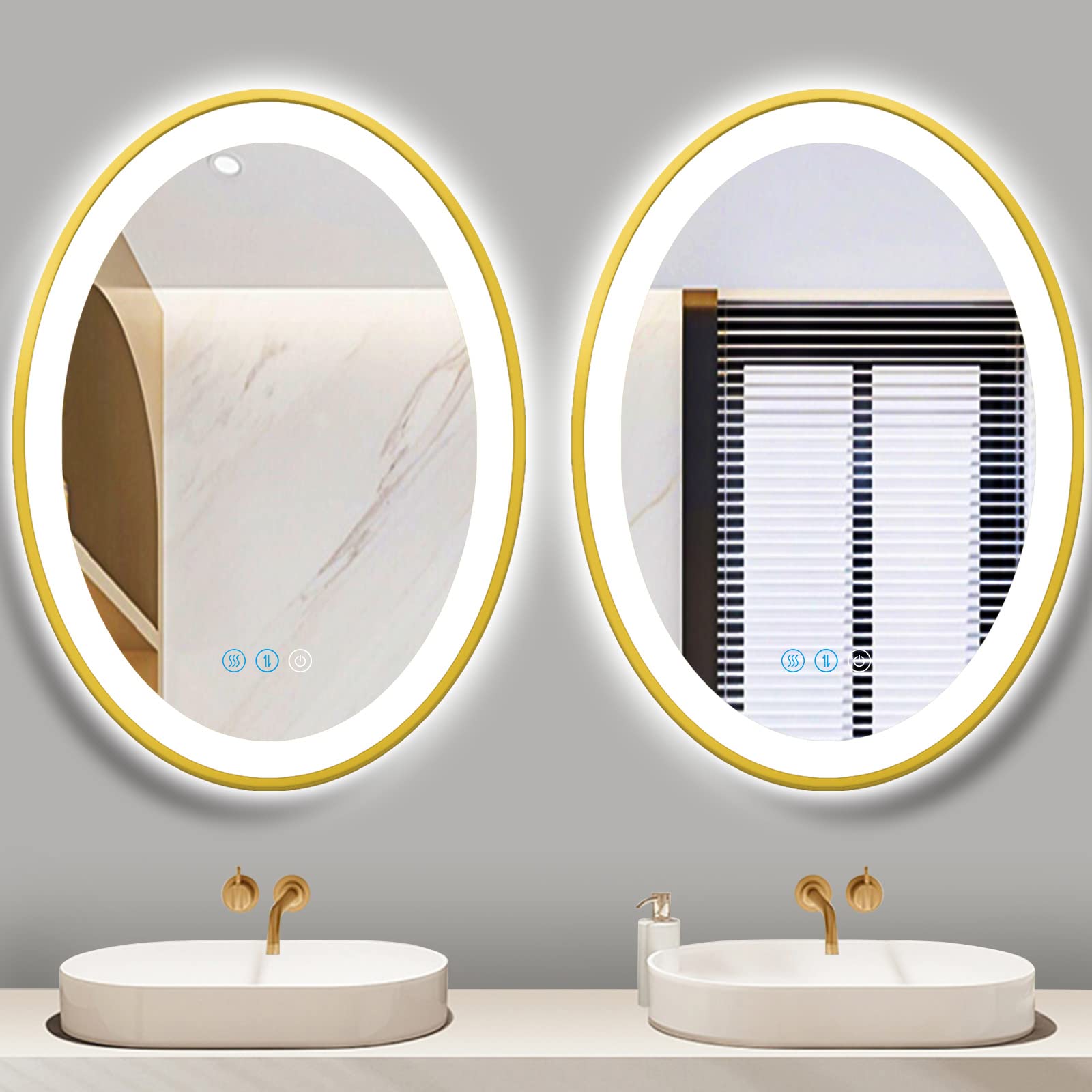 30x20 Inch Oval LED Bathroom Mirror - Gold Frame with Anti-Fog