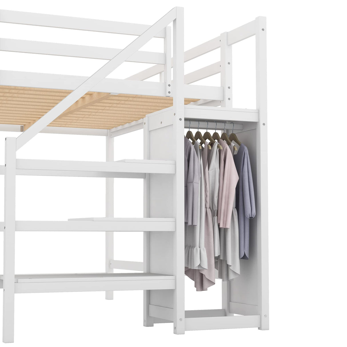 Full Loft Bed, Loft Bed Full Size with Storage Staircase and Wardrobe for Clothes, Wooden