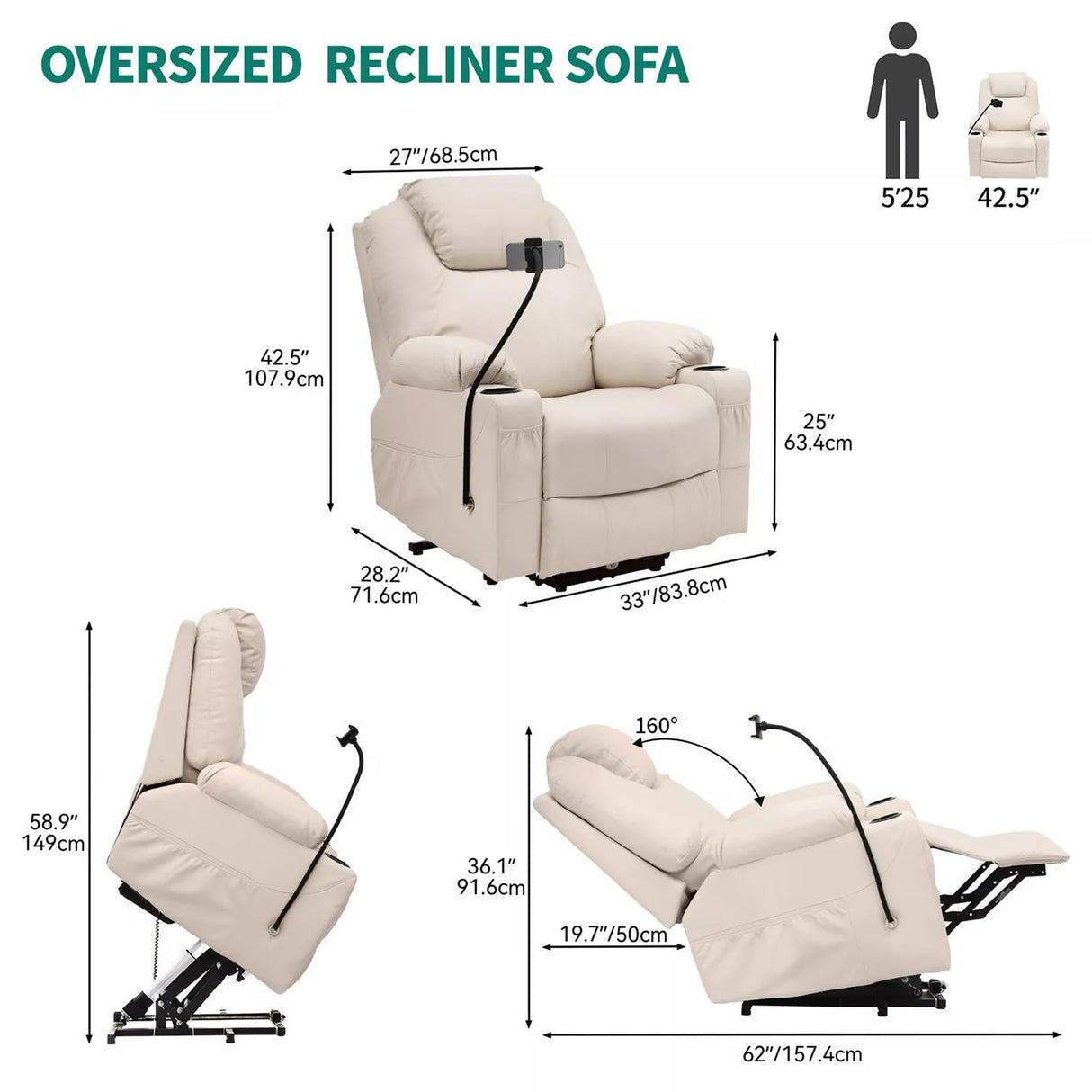 Modern Power Lift Chair Electric Recliner with Phone Holder Heated Vibration Massage Sofa Remote Overstuffed Ergonomic USB Port Elderly Oversized Large Home Elastic Foam PU Leather Metal