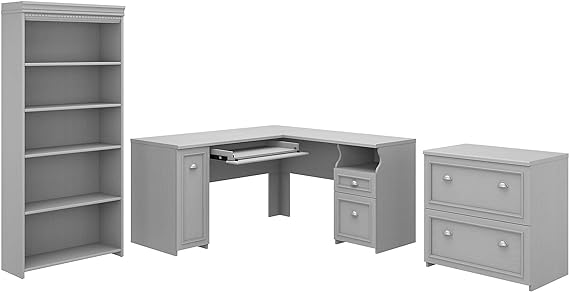 60” L-Shaped Desk with Lateral File Cabinet & 5-Shelf Bookcase