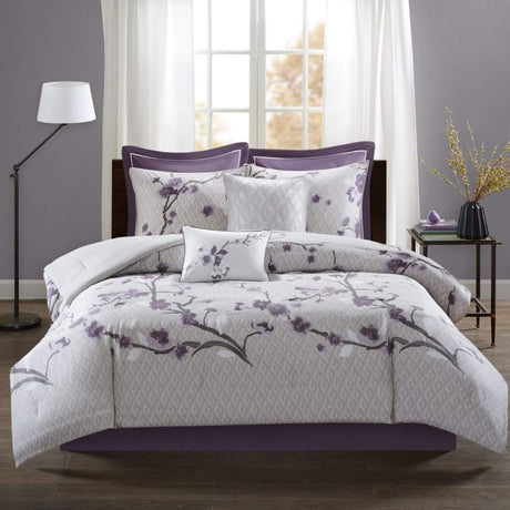 Gray Floral Pattern Comforter Set Cal King California, Light Purple Flower Design Leaf Geometric Printed Adult Bedding Master Bedroom Reversible Glam Mid-Century Modern, Cotton