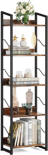 5 Tier Narrow Bookshelf: Tall Bookcase with Edge Protection, Industrial Modern Bookshelves for Bedroom