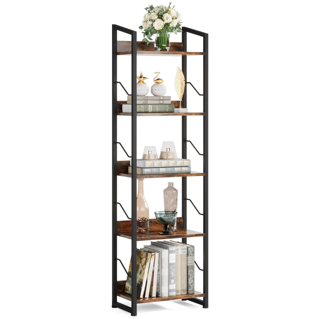 5 Tier Narrow Bookshelf: Tall Bookcase with Edge Protection, Industrial Modern Bookshelves for Bedroom