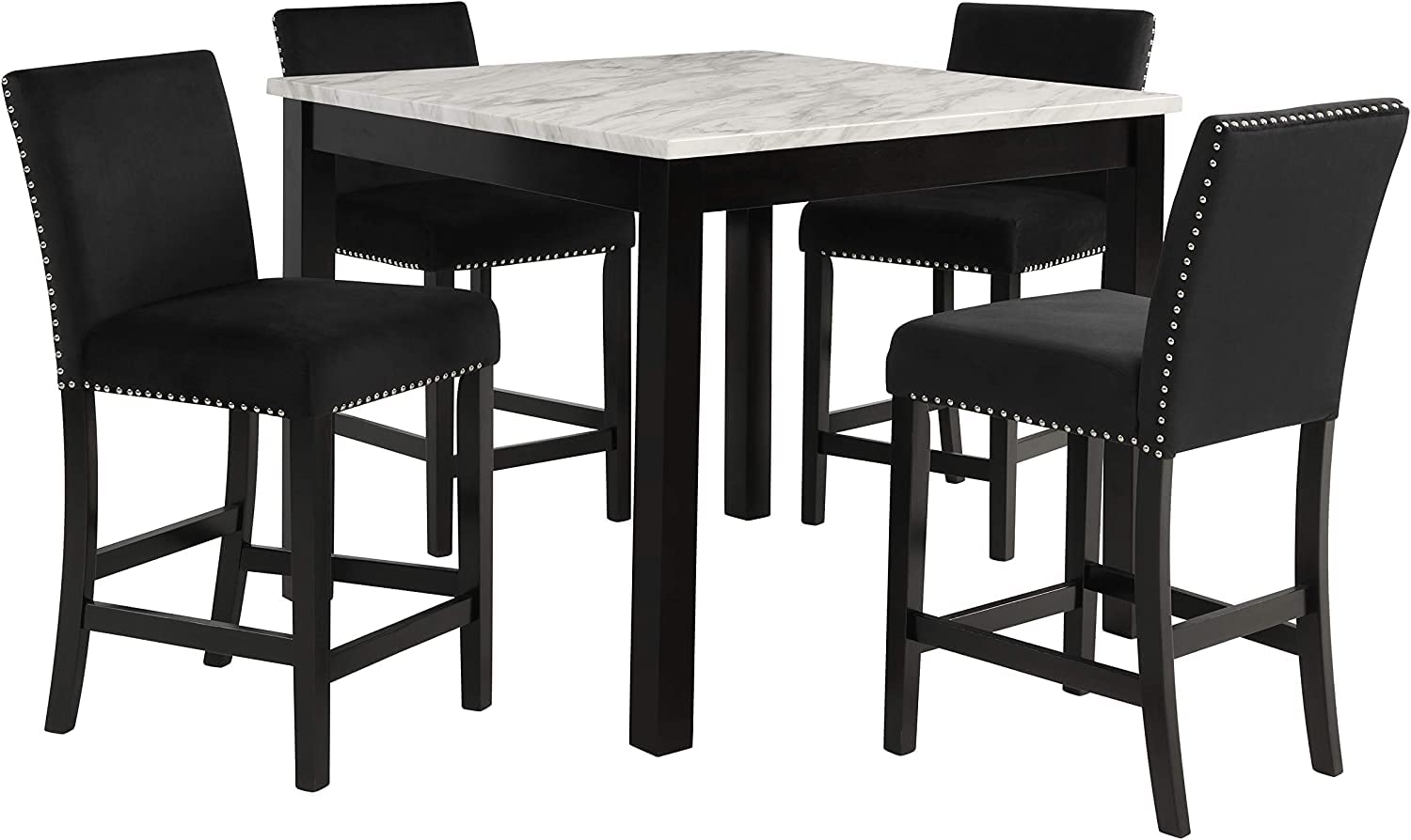 Celeste Faux Marble Counter Dining Table with Four Chairs, 5-Piece, Black