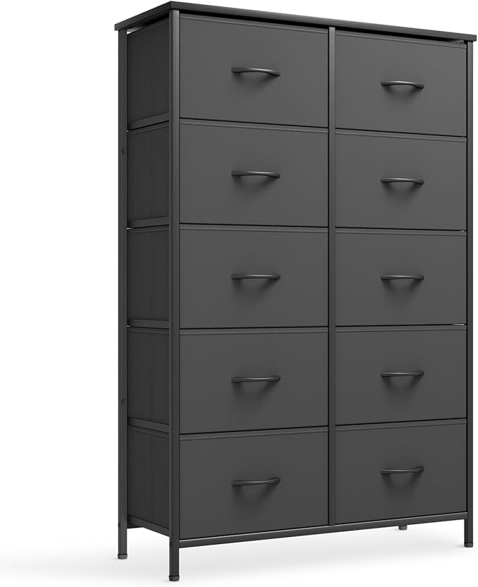 Tall Dresser with 10 Fabric Deep Drawers Metal Frame Storage Tower MDF Board Cabinet