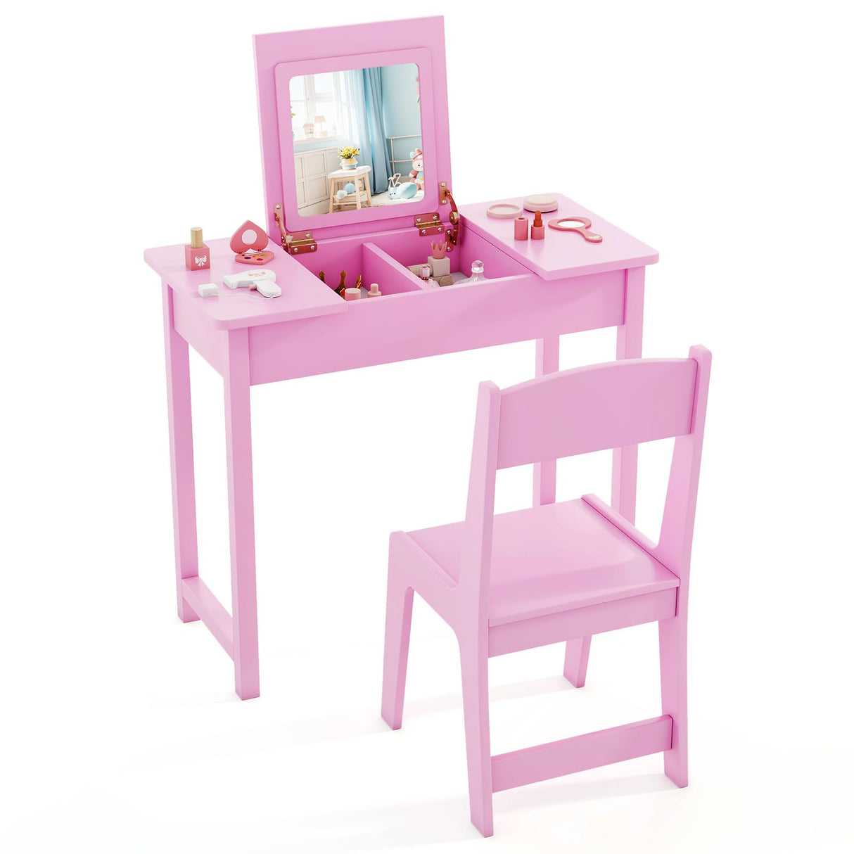 Kids Vanity, Wooden Girls Vanity Desk with Flip Top Mirror, Hidden Storage Space