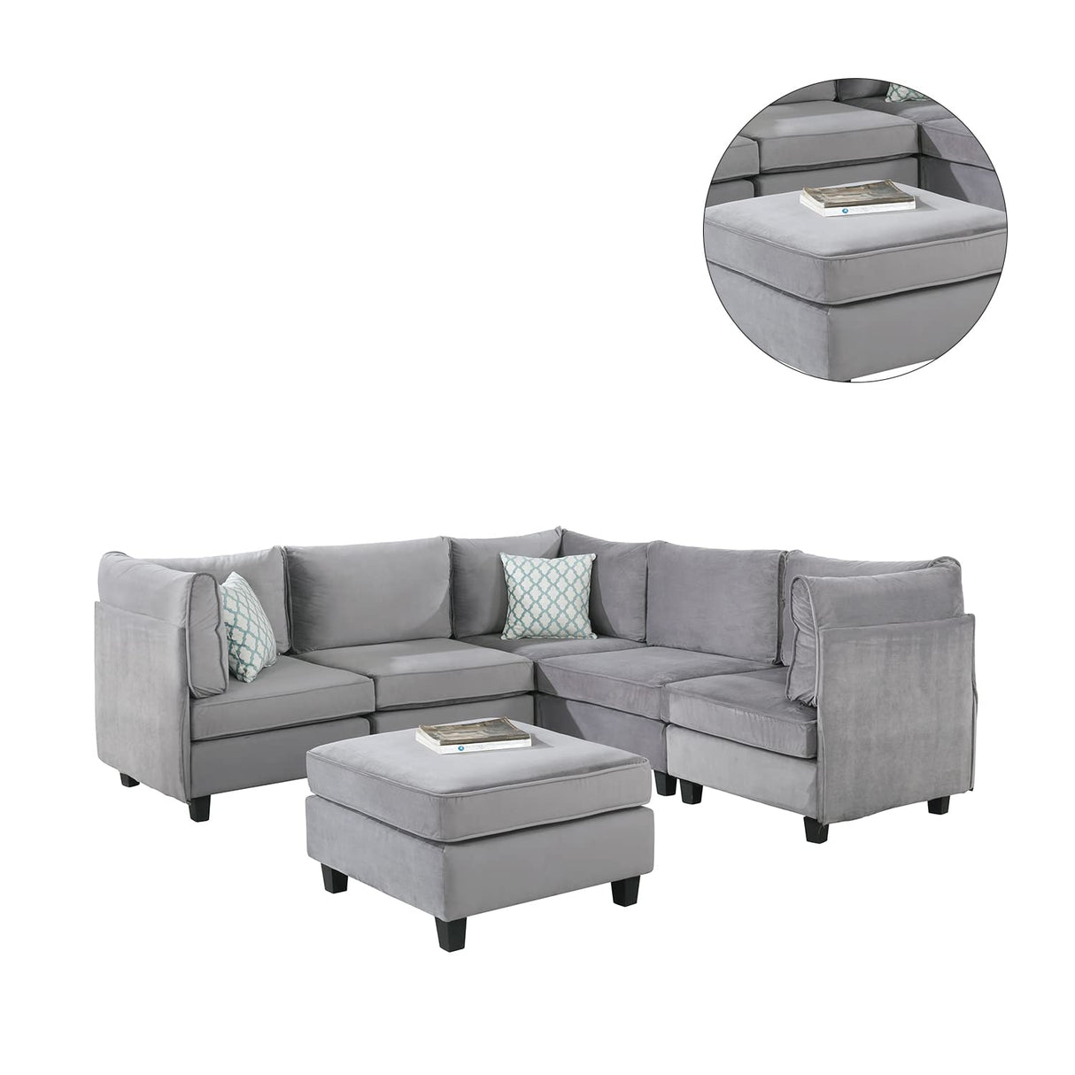 6 Piece Velvet Modular Sectional Sofa with Ottoman