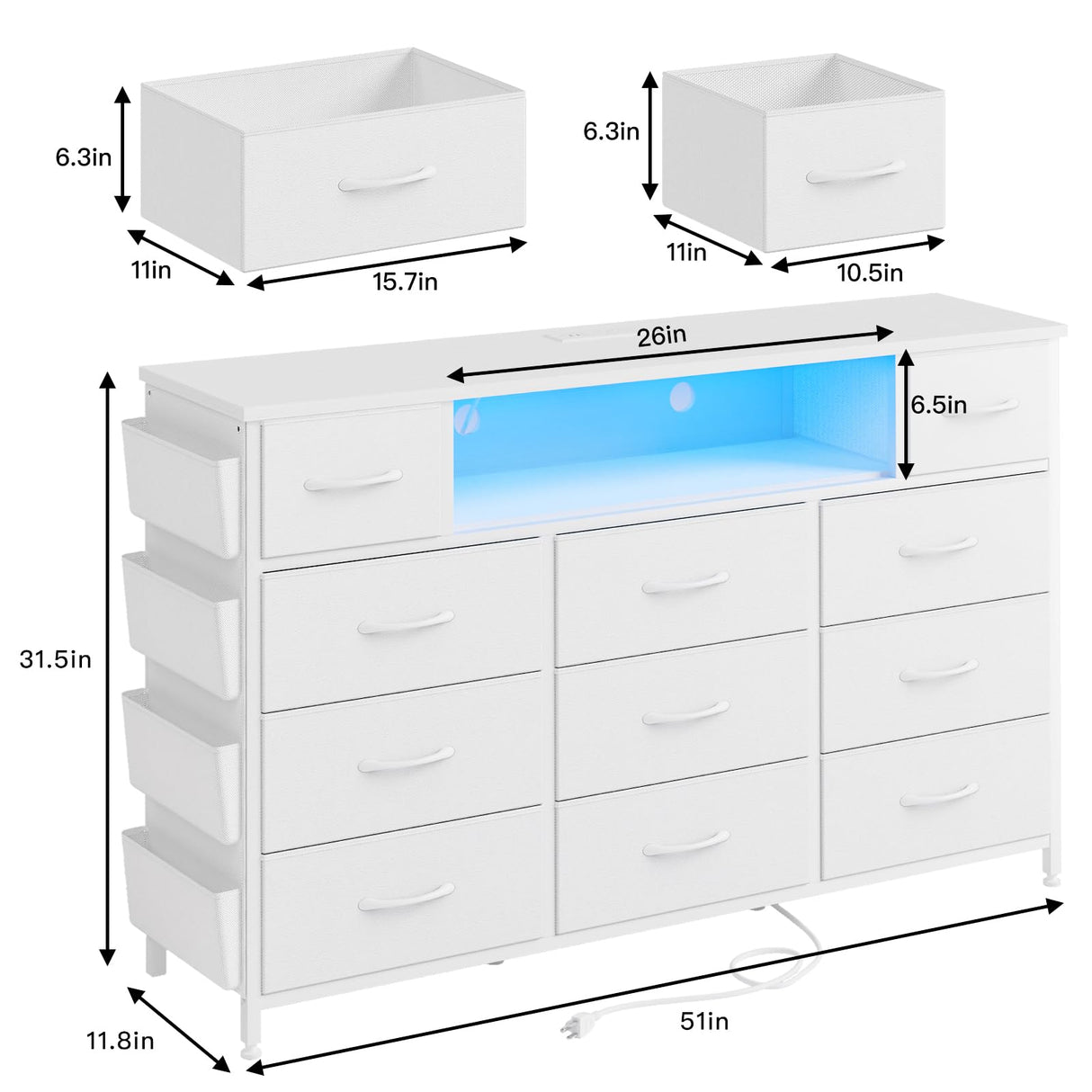 White Dresser with Power Outlets and LED Lights 11 Drawers with Side Pocket for Bedroom,