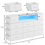 White Dresser with Power Outlets and LED Lights 11 Drawers with Side Pocket for Bedroom,