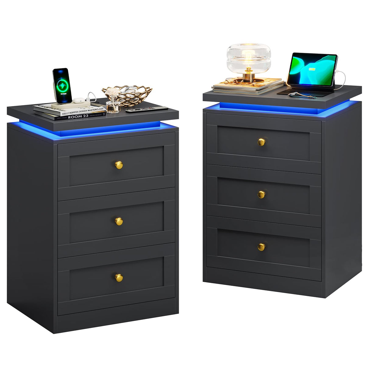 Black Night Stand Set of 2, Nightstand Set 2 with Charging Station & 3 Drawers, Modern