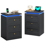 Black Night Stand Set of 2, Nightstand Set 2 with Charging Station & 3 Drawers, Modern