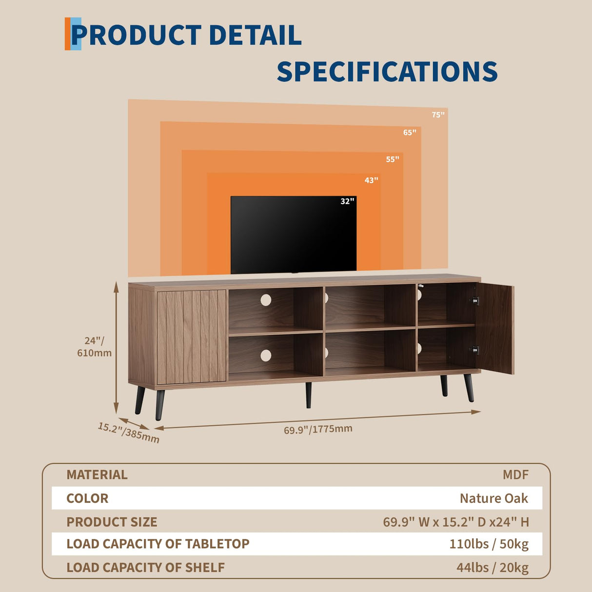 70" Fluted TV Stand with Adjustable Storage Shelves