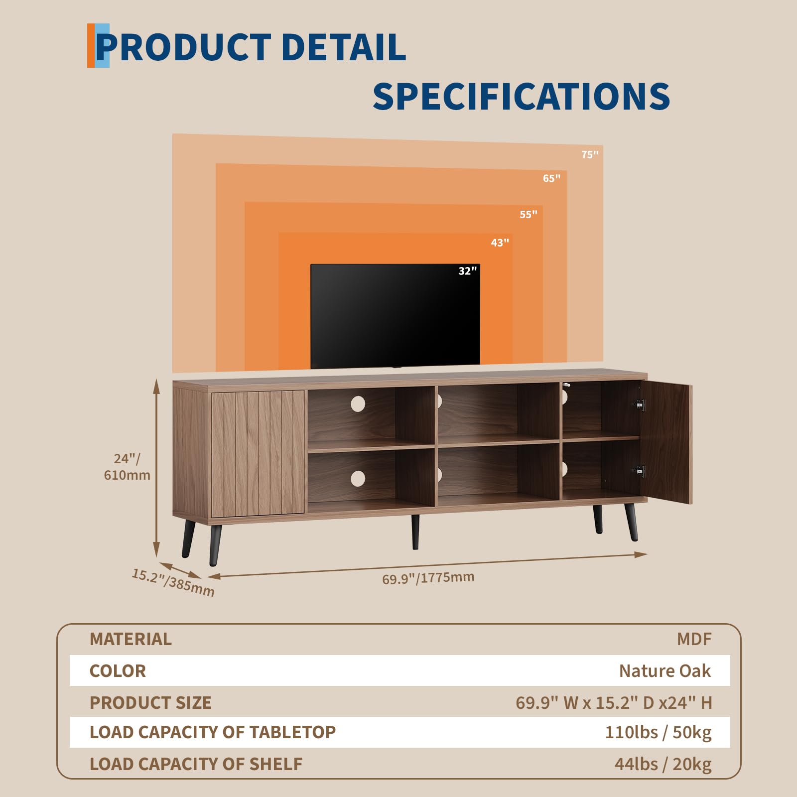 70" Fluted TV Stand with Adjustable Storage Shelves