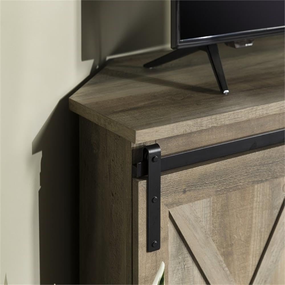 Farmhouse Wood Corner TV Stand for TVs up to 52" with Sliding Barn Doors, 3 Adjustable