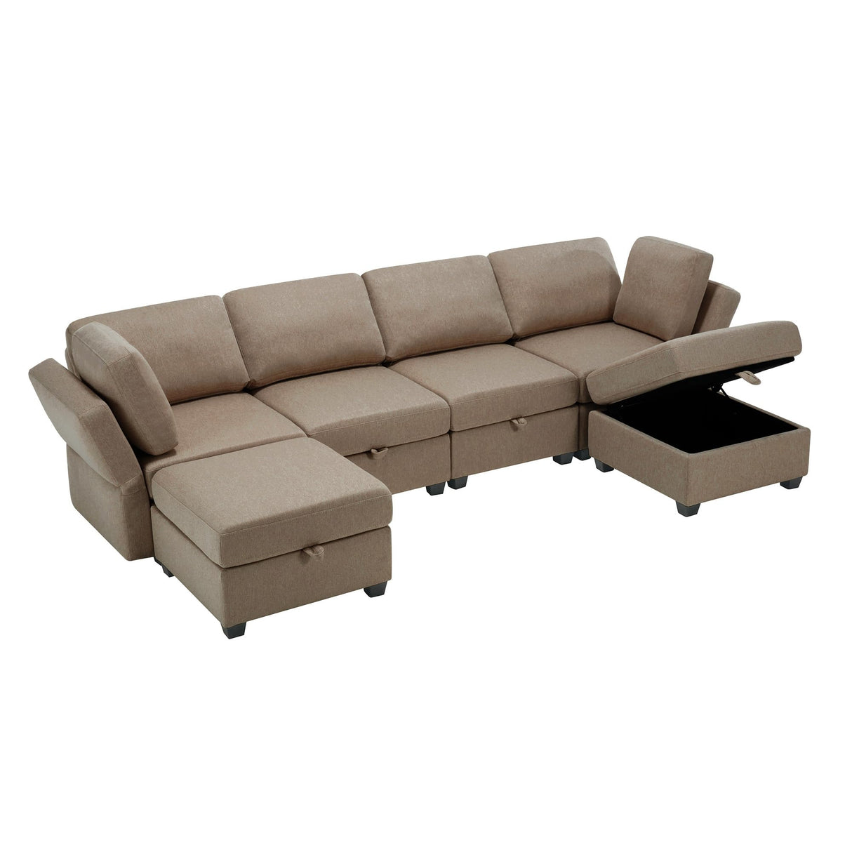 4 Seat U-Shape Linen Couch with 2 Reversible Storage Chaise and Adjustable Arms,