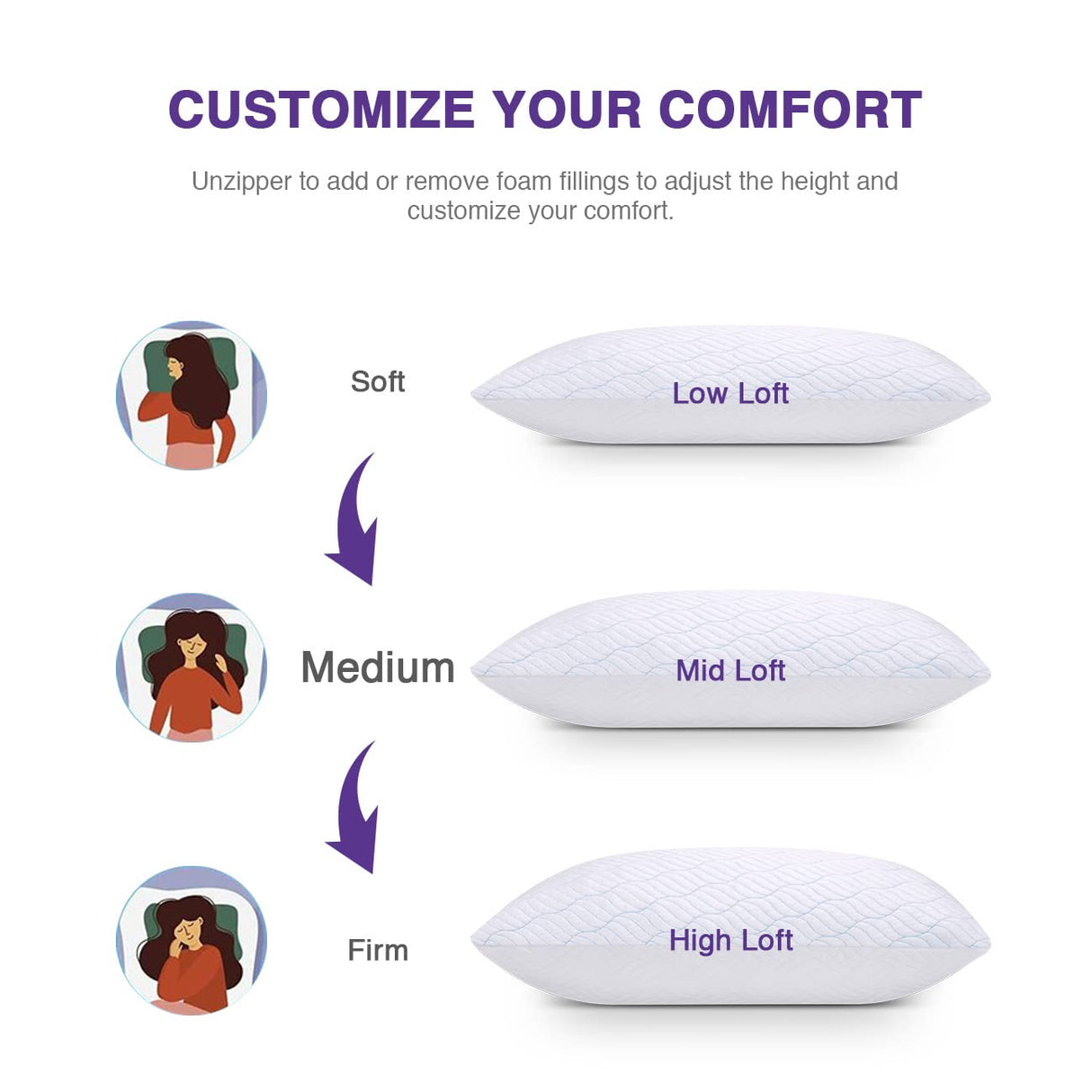 Cooling Shredded Memory Foam Pillows for Sleeping Cool Cold Pillow Standard Size Set of 2 with Zipper, Adjustable Firmness to Hot, Side, Back and Stomach Sleepers, 2 Pack, 20x26