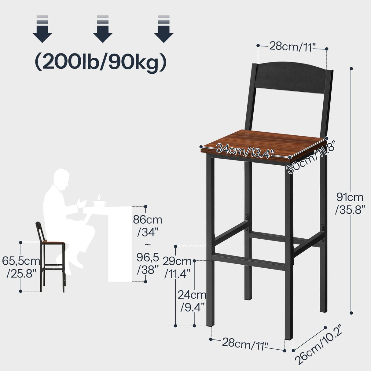 Bar Stools, Bar Stools Set of 2, Bar Chairs with Backrest, Bar Stools with Footrests,258