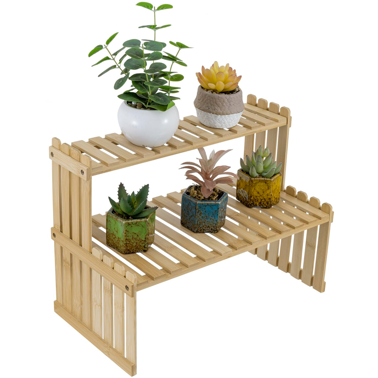 Natural Bamboo Indoor Plant Stand for Desk, 2 Tier Desktop Shelf Organizer Rack