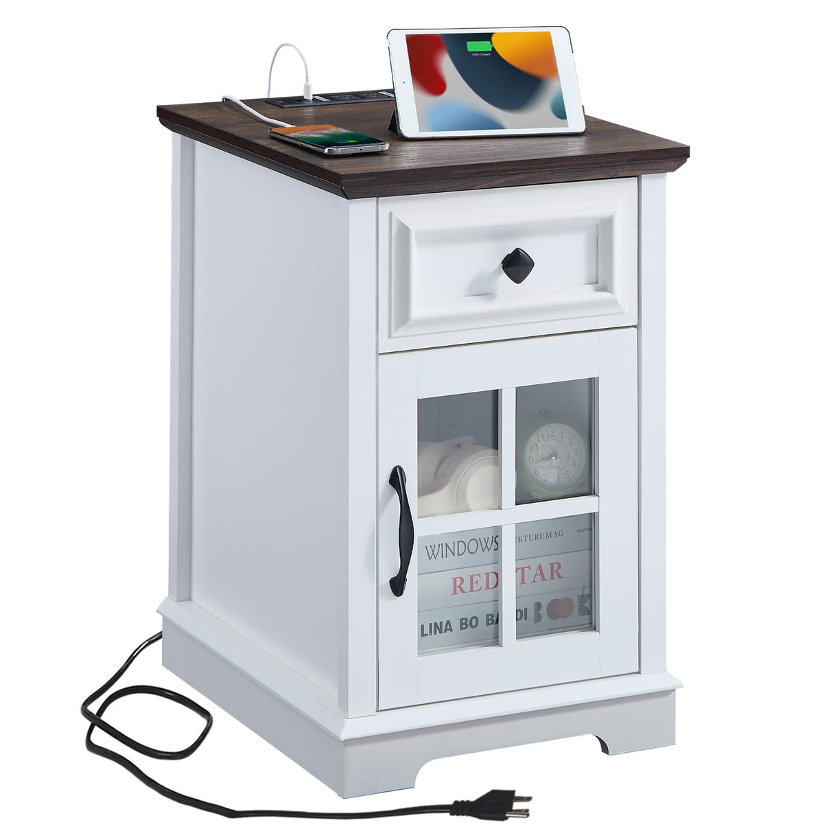 Farmhouse XXL End Table with Charging Station, Side Table with USB Ports and Outlets