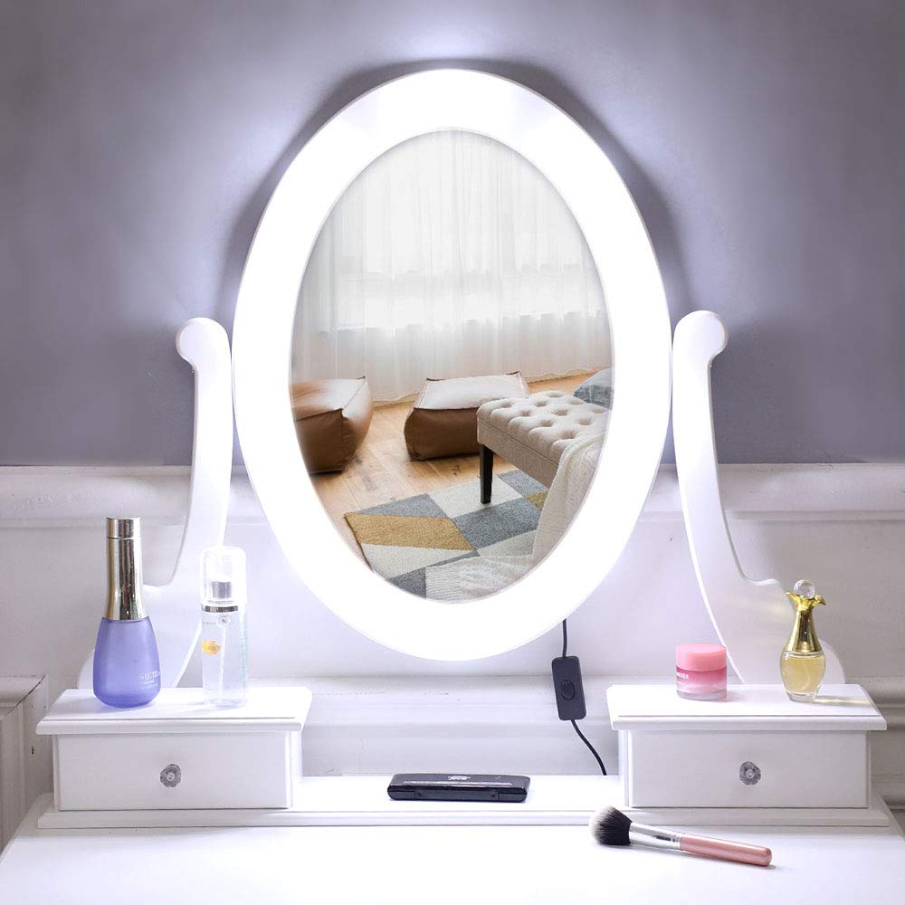 Light Bulb Single Mirror 5 Drawer Dressing Table White，Vanity Table with Mirrors,Makeup