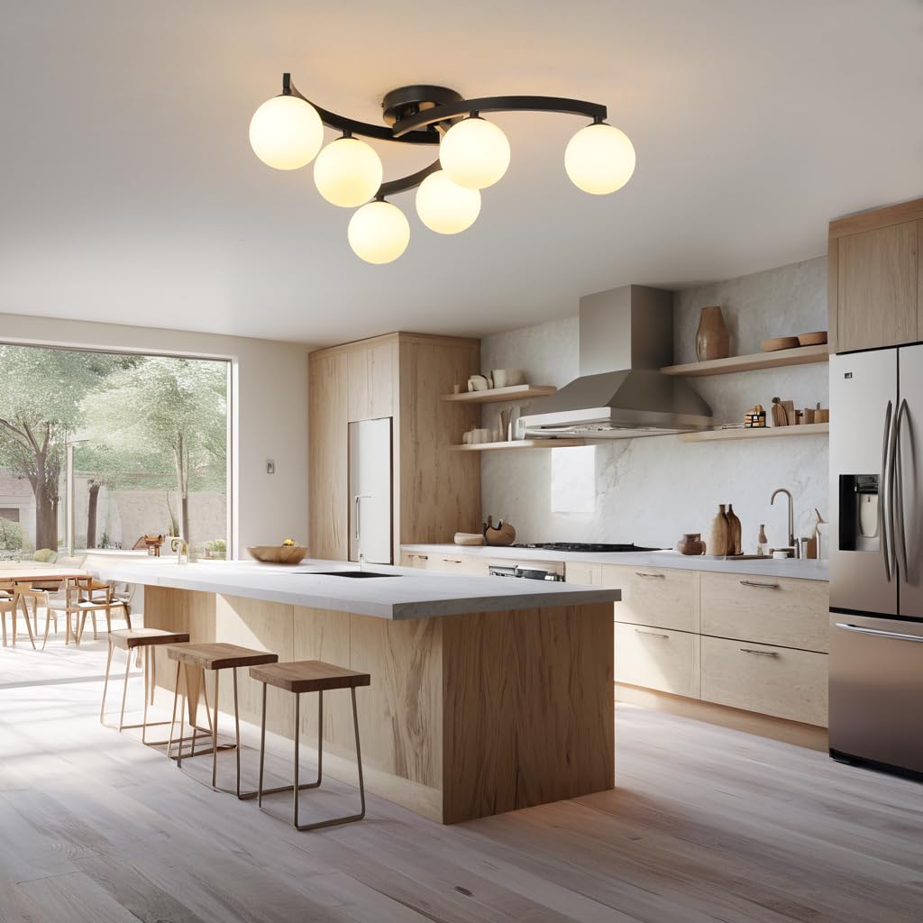 Mid Century Glass Globe Semi Flush Mount Ceiling Light - 6 Light Sputnik Chandelier