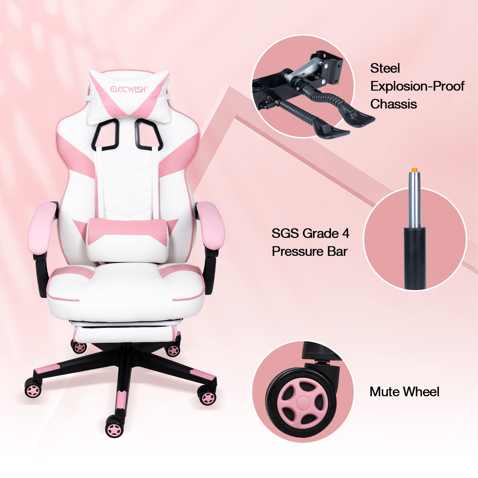 Pink Kawaii Gaming Chair with Lumbar Support