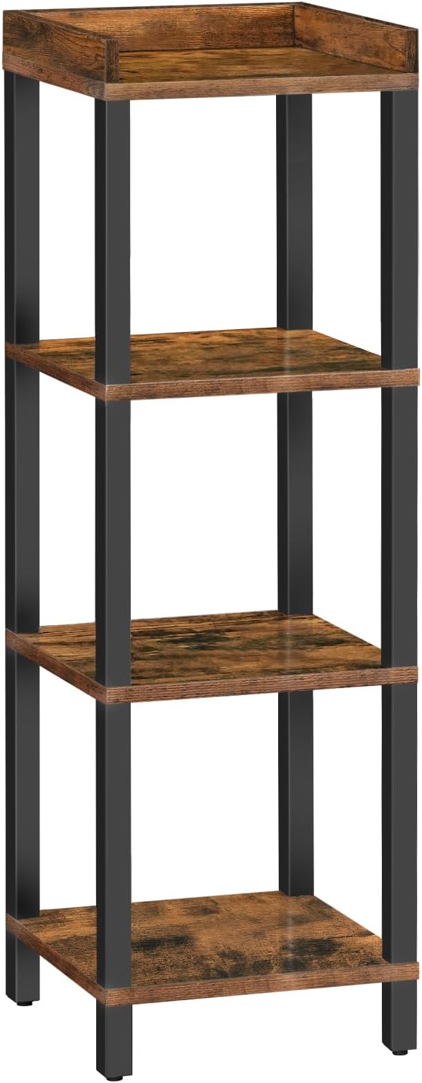 Small Bookcase, Industrial Style Bookshelf for Narrow Spaces, 4-Tier Square Book Shelf Stand, Wooden Storage Rack Display Shelf, Corner Shelf for Living Room, Rustic Brown and Black BF08CJ01