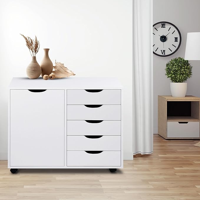 Amy 5 Drawer Chest, Wood Storage Dresser Cabinet with Wheels