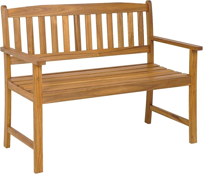 HAPPYGRILL Patio Wood Bench with Ergonomic Backrest & Armrest, 2-Person Outdoor Bench