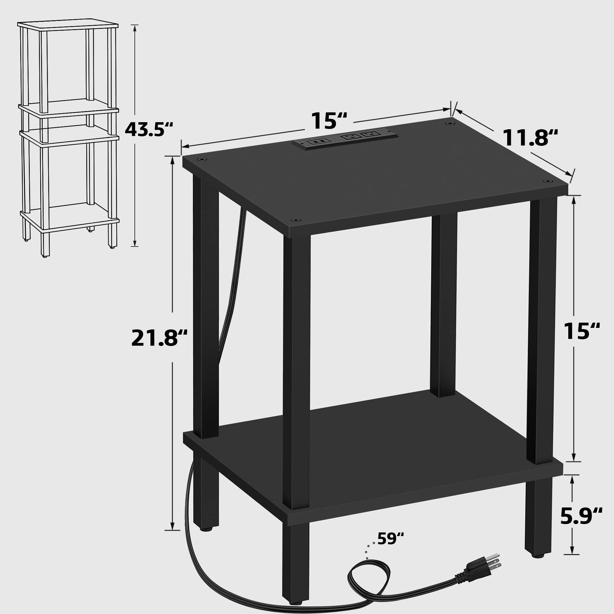 Side Table with USB Ports and Outlets, Nightstand
