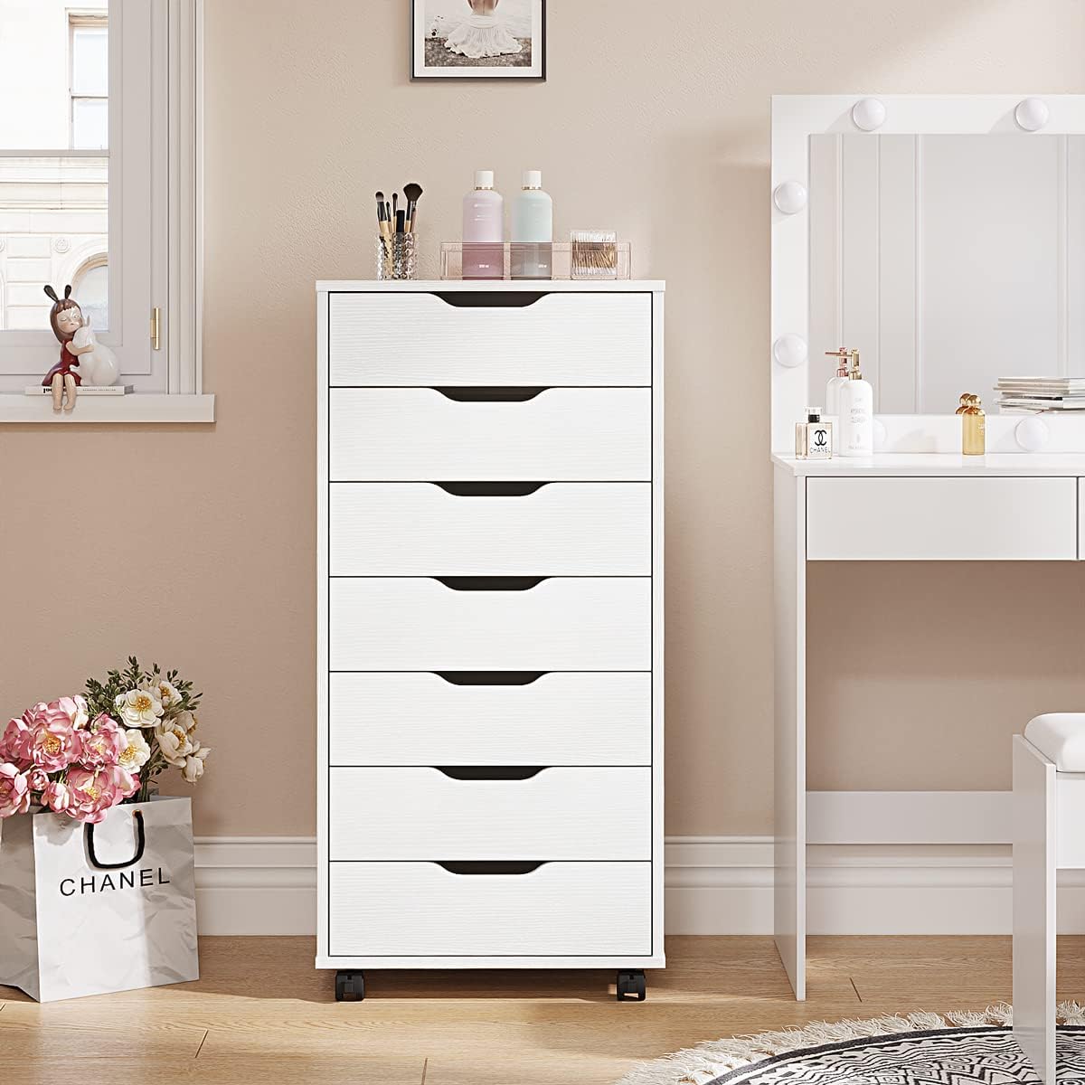 5/7 Drawer Chest, Wooden Tall Dresser Storage Dresser Cabinet with Wheels