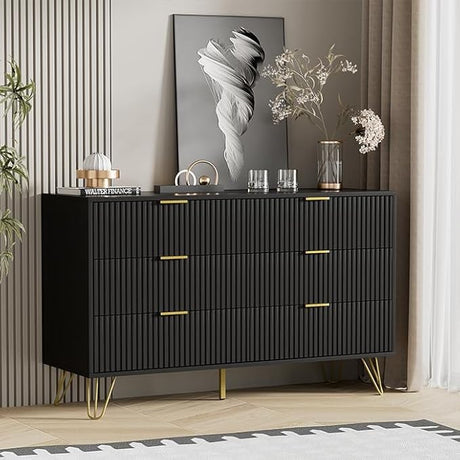 Black Dresser for Bedroom, 7 Drawer Dresser with Gold Pulls and Metal Legs