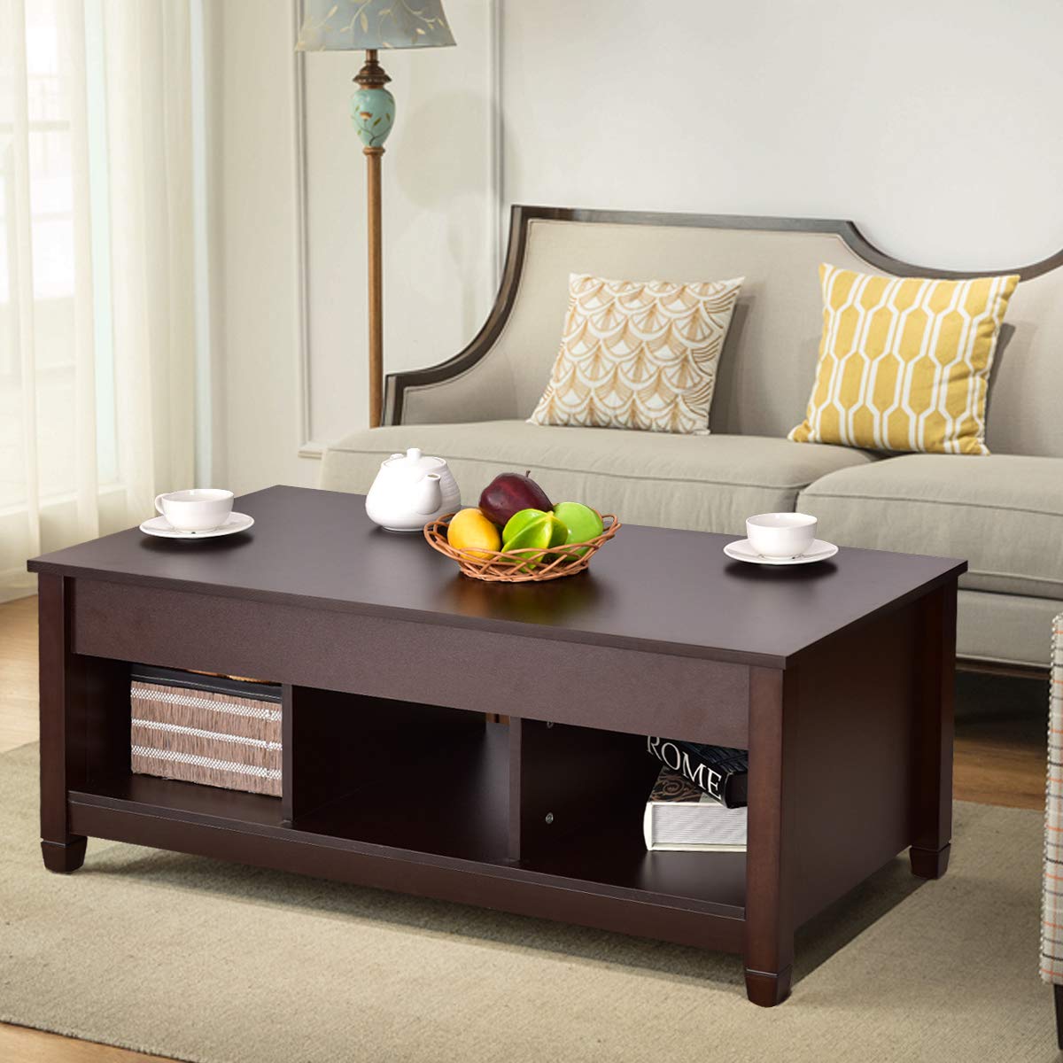 Table with Hidden Storage Compartment, Display Shelves, Lift Tabletop for Living Room,