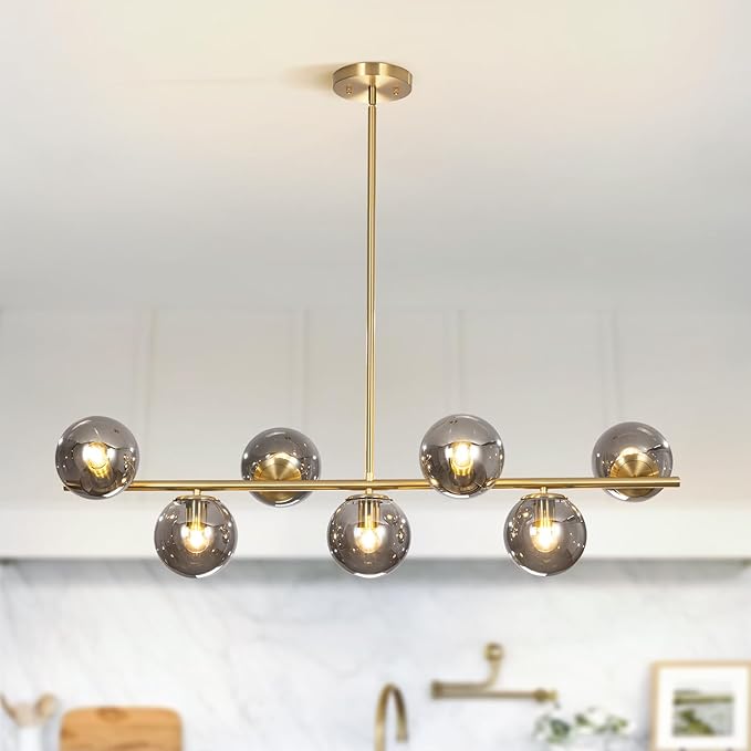 7-Light Clear Glass Globe Chandelier Black Linear Sputnik