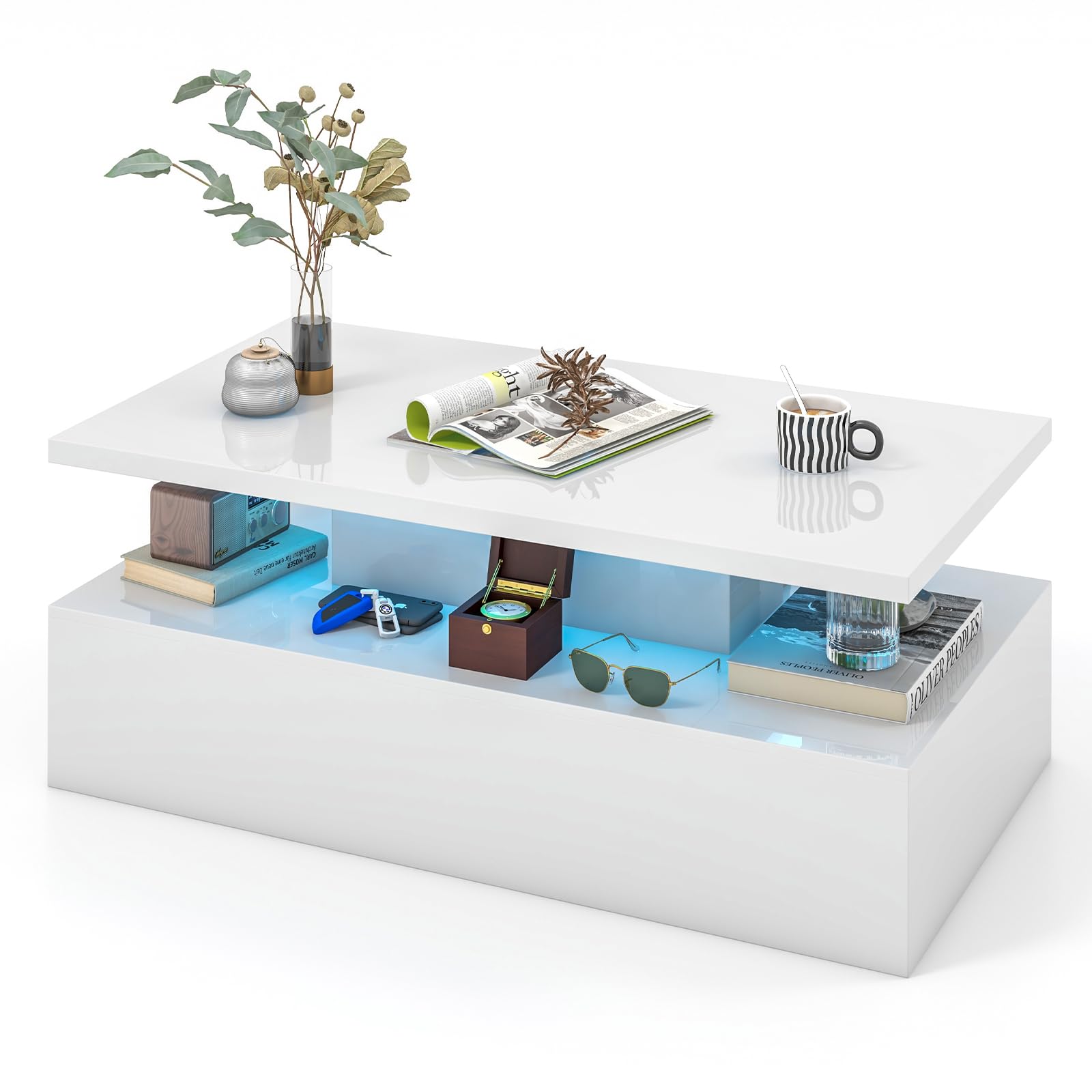 LED Coffee Table, Modern High Gloss Coffee Table w/ 20-Color LED Lights