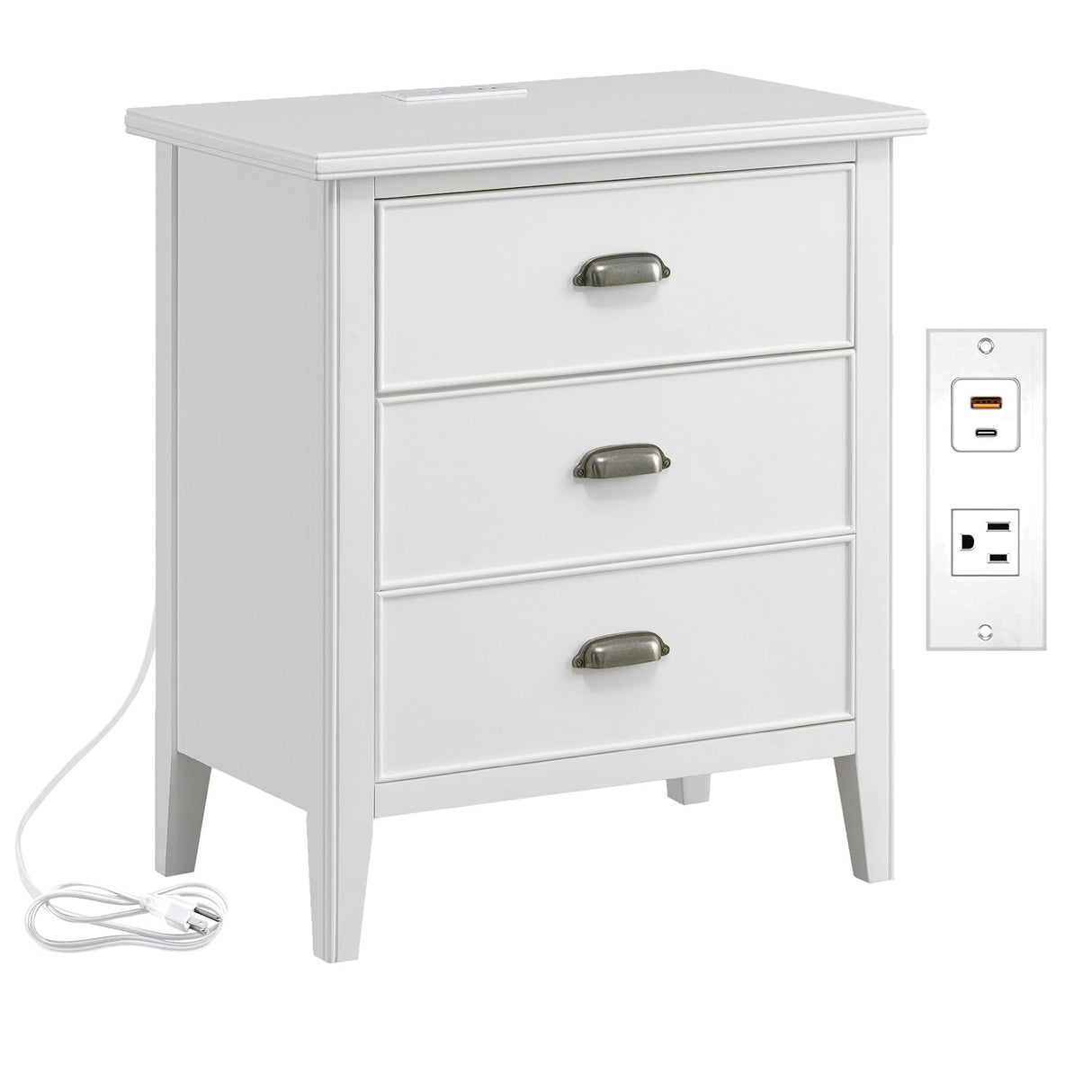 10522-WT Laurent Nightstand Side Table Three Drawers Traditional USB-C Fast Charging