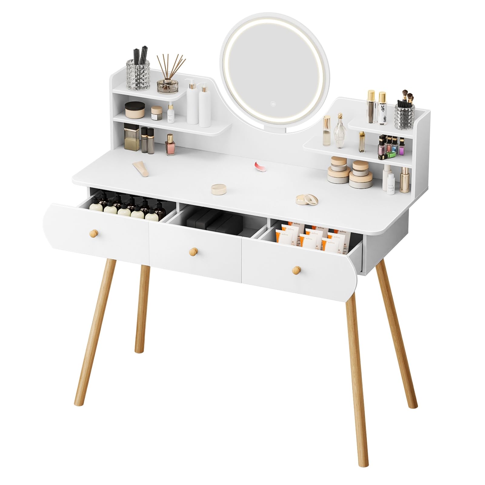 Vanity Desk with Mirror & Lights, Makeup Vanity Table with 4 Drawers & Storage Shelves