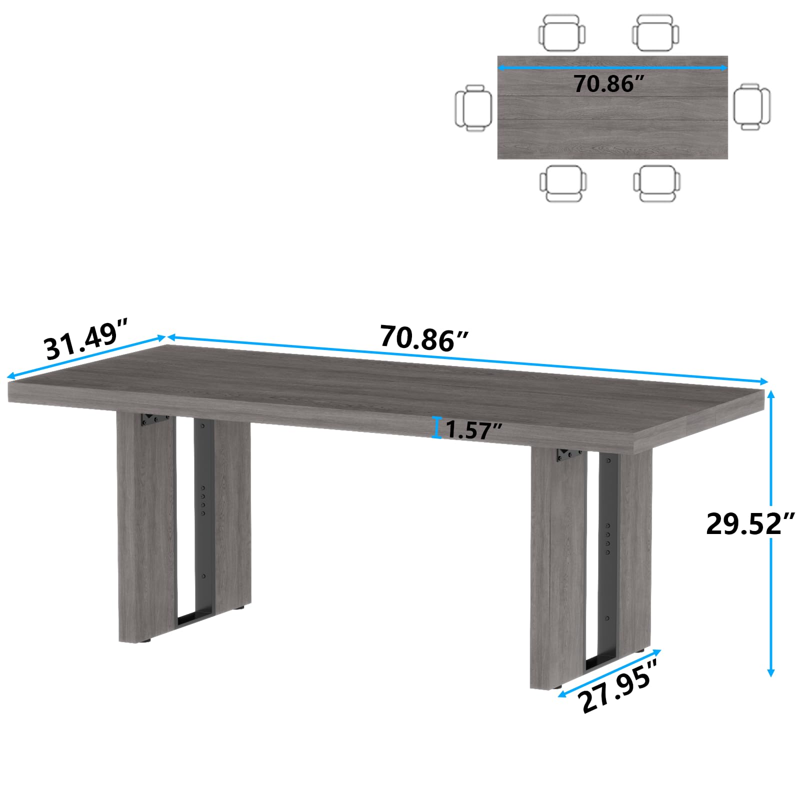70.8 Inch Dining Table, Vintage Grey Modern Kitchen Table for 6-8 People, Large Dinning