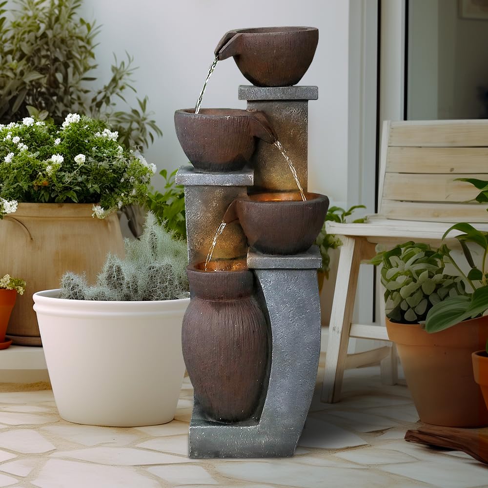 Cosystroll 32.8in Waterfall Fountain Indoor - 4 Tier Free Standing Outdoor Water Fountains with LED Lights for Garden Porch Backyard Patio Home Decoration