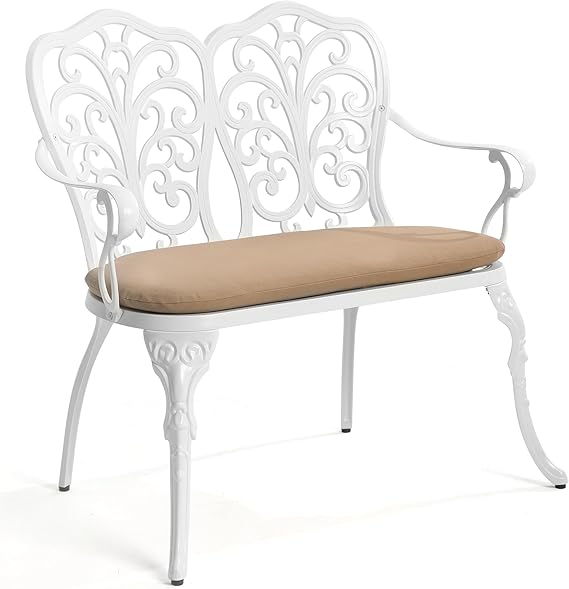 Outdoor Patio Bench, Garden Benches with Cushion All-Weather Cast Aluminum Extra
