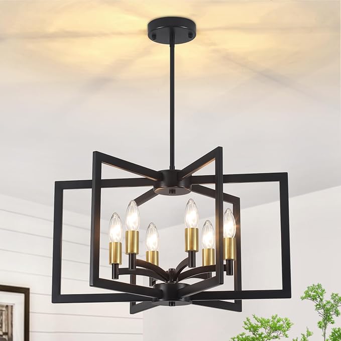 Chandelier Dining Room Light Fixtures,6-Light Kitchen Island Light Rustic Wood Grain